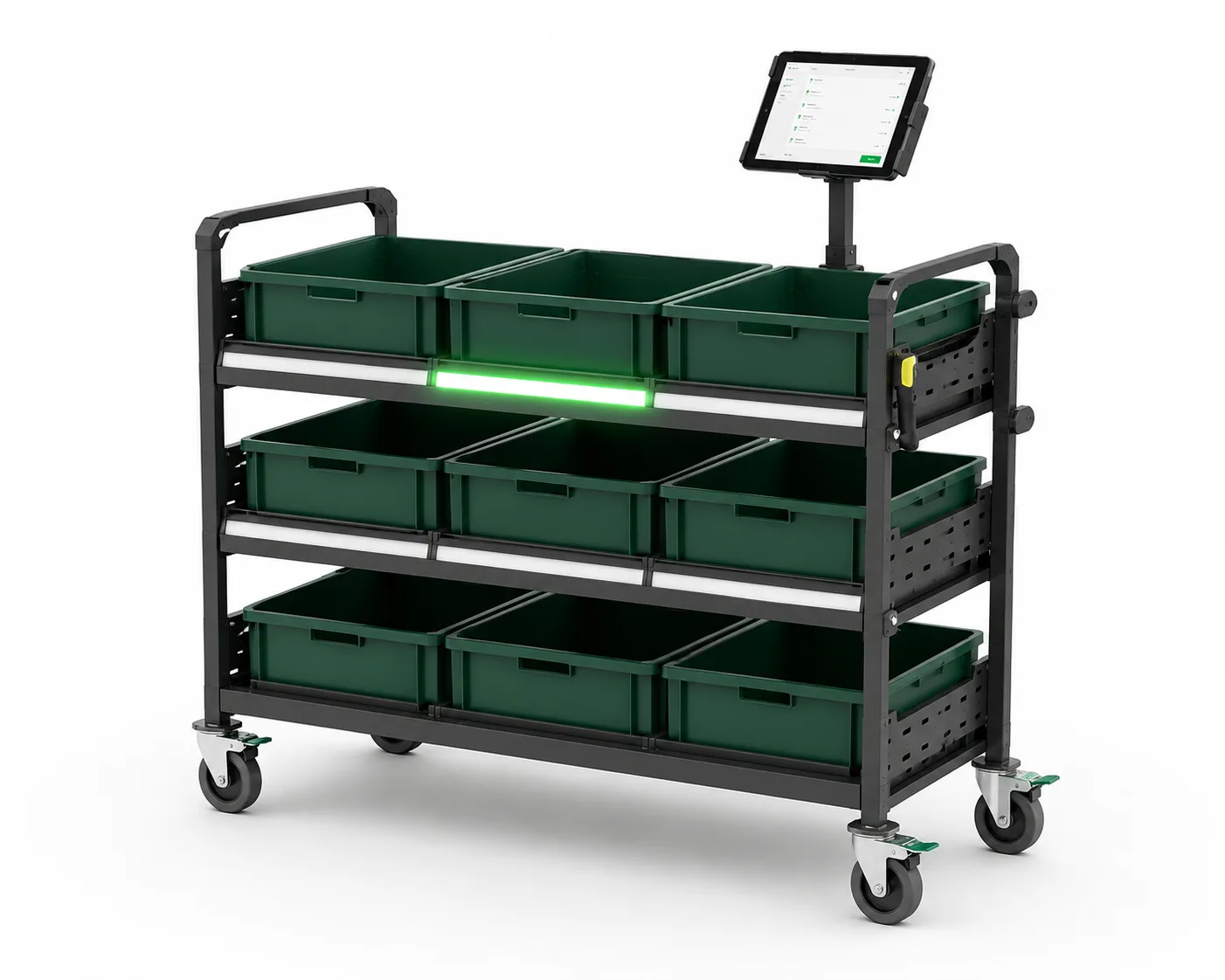 Kommissionierwagen mit lichtgeführten Fächern und Tablet-Halterung der Cellgo Software