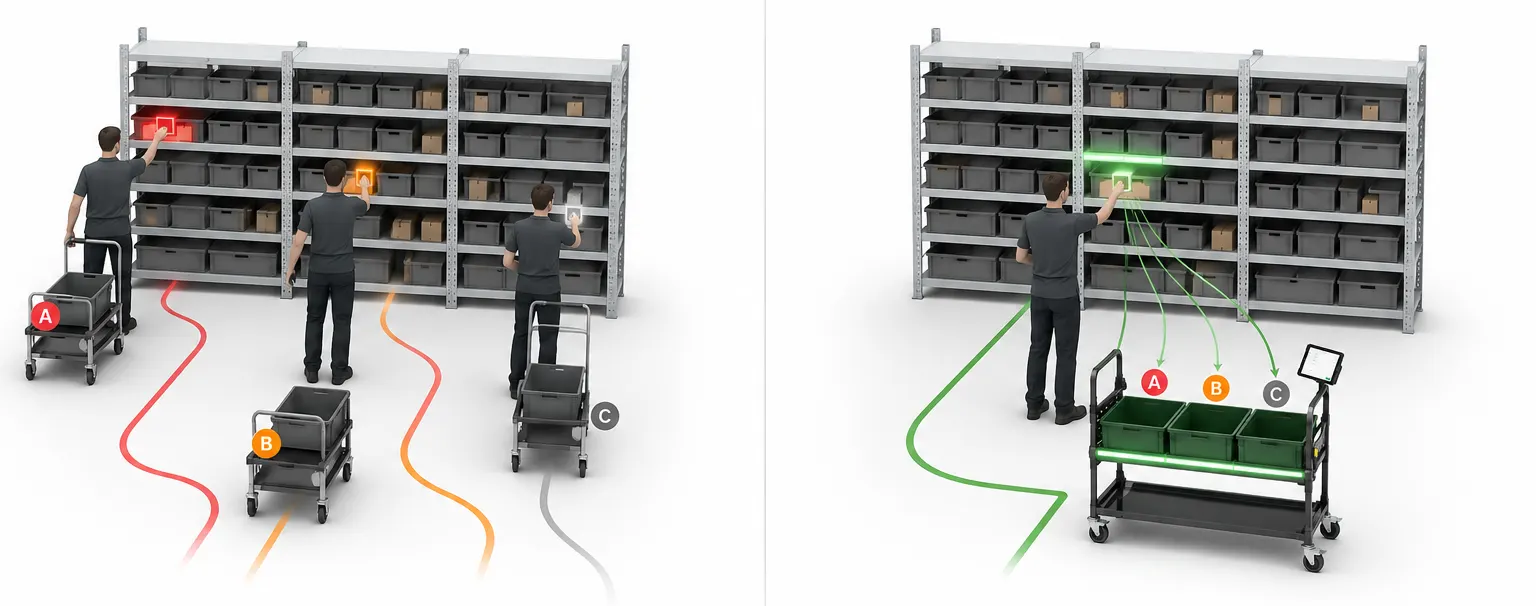 Vergleich: ohne Cellgo laufen drei Mitarbeiter getrennte Wege, mit Cellgo Pick-by-Light light bündelt ein Mitarbeiter mehrere Aufträge in einem Weg